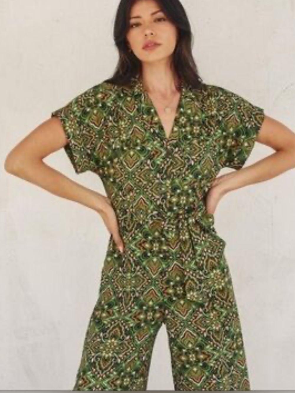 Dress Forum Green Printed Short-Sleeve Jumpsuit